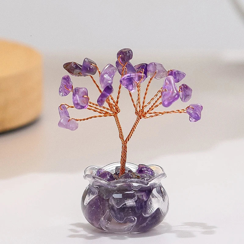 Natural Yellow Crystal Money Tree Mini Red Agate Office Desk Ornament Cartoon Feng Shui Lucky Plant Decor for Business Space Oasis Select Purple