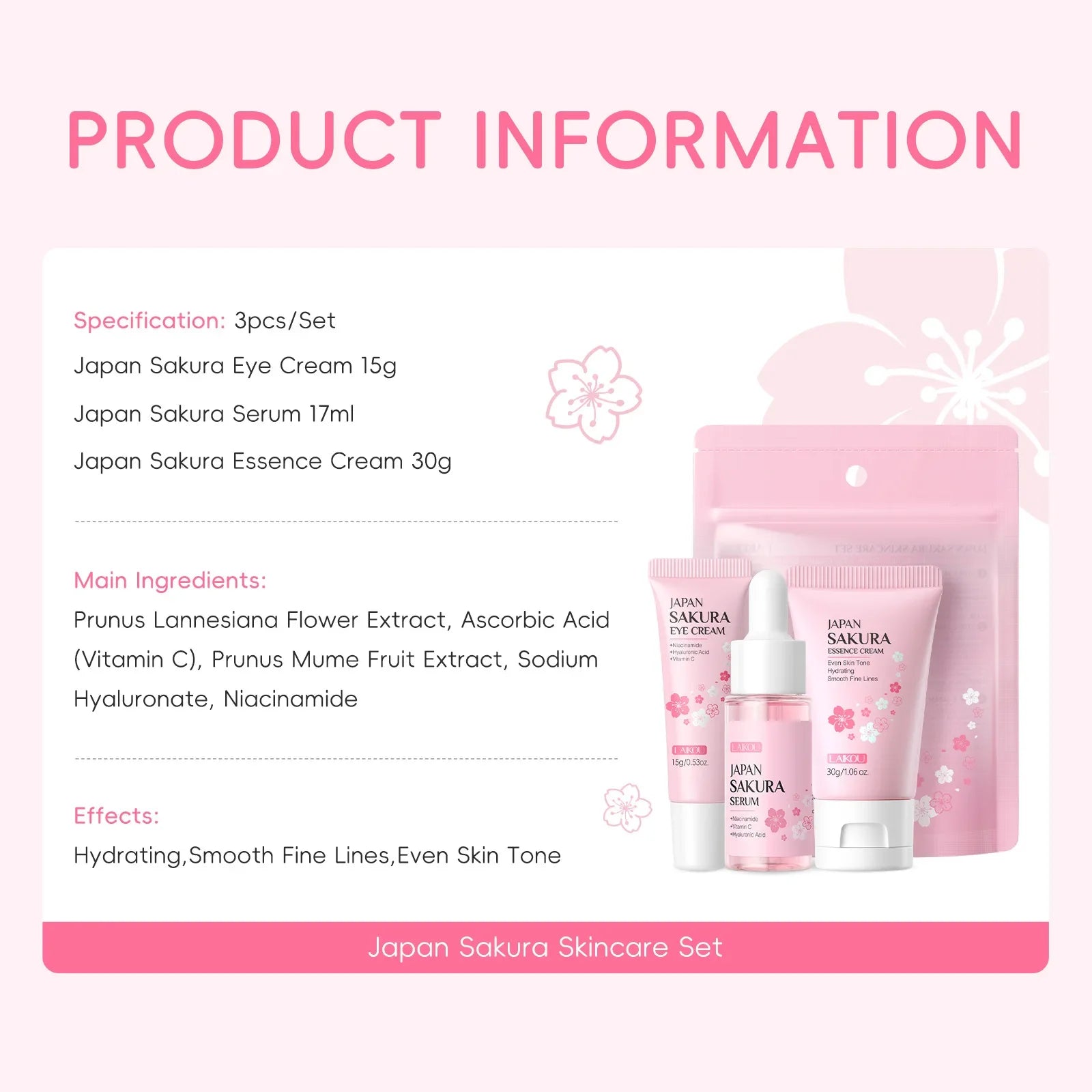LAIKOU Vitamin C Sakura 3-Piece Skincare Set – Serum, Eye & Face Cream Skincare Gift Set Oasis Select