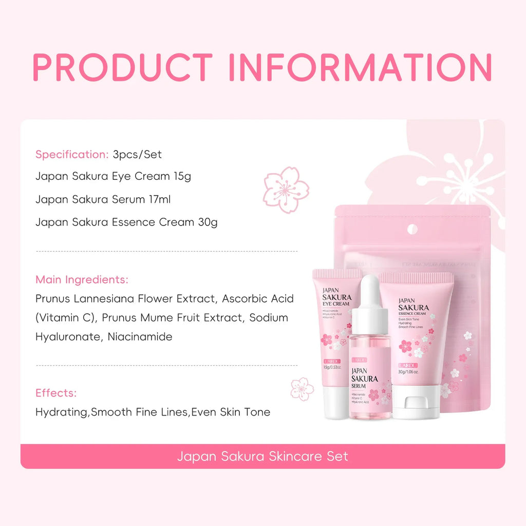 LAIKOU 3pcs/set Skin Care Set Vitamin C Sakura Essence Serum & Eye Cream & Face Cream Moisturizer Travel Size Skincare Set Oasis Select