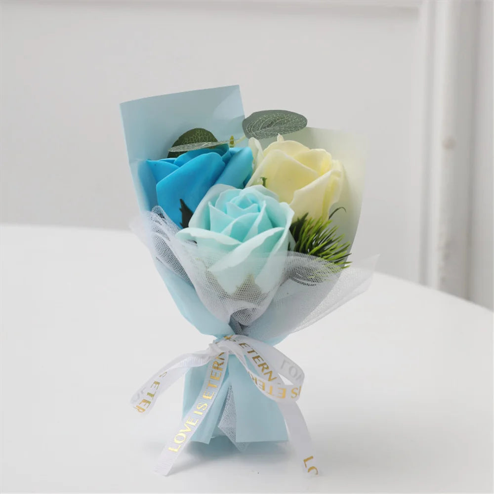 3 Heads Soap Rose Bouquet Valentines Day Gift For Friends Wedding Bouquet Home Decor Rose Flower Bouquet Wedding Party Gift 2024 Oasis Select Light blue