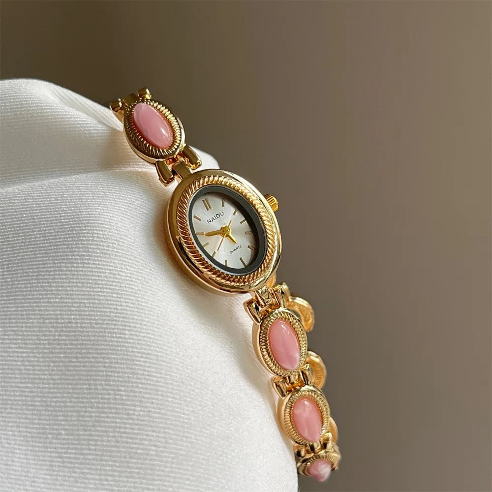 New Colored Gemstones Ladies Watch Oval Luxury Quartz Watch Gift Elegant Wristwatch Oasis Select Pink