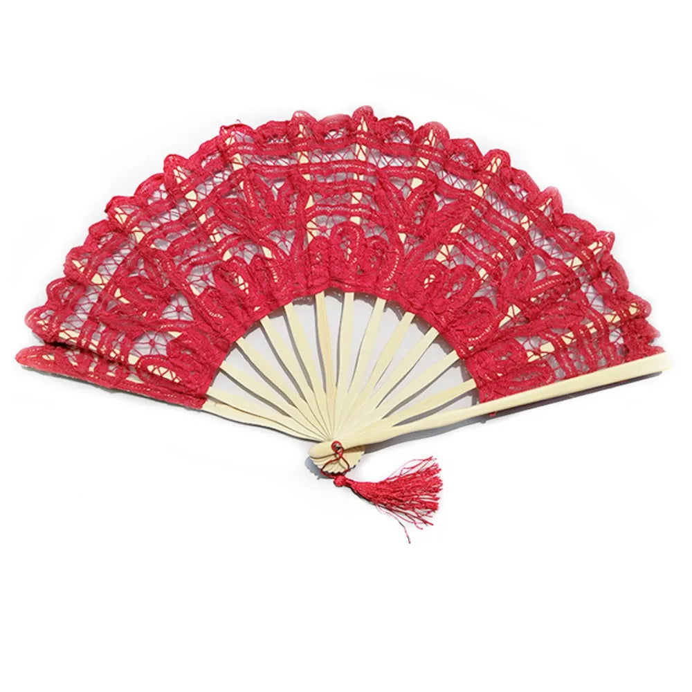 Bamboo Lace Folding Hand Fan with Tassel – Vintage Style