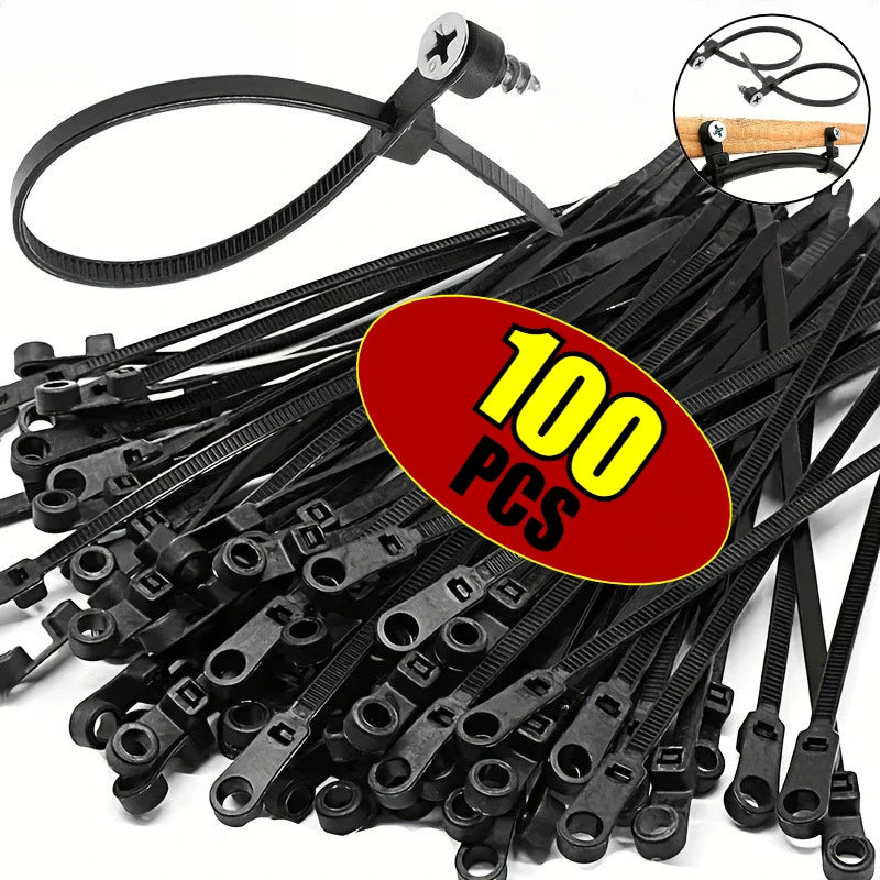 500-100PCS Screw Hole Cable Ties Reusable Fixed Nylon Cable Ties Self-locking Cord Ties Straps Fastening Loop Office Organizer Oasis Select