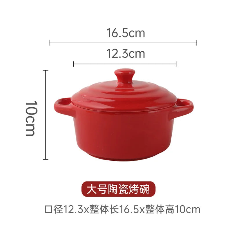 1Pc Small Ceramic Double Ear Bowl - Oven Safe for Steamed Egg Custard, Household Stew Soup, Pudding Baking & Stewing Pot Oasis Select Red-L
