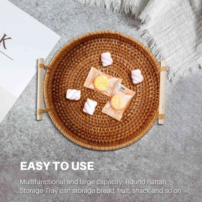WISH Rattan Storage Tray, Round Basket With Handle, Hand-Woven, Rattan Tray Wicker Basket Bread Fruit Food Breakfast Display L Oasis Select