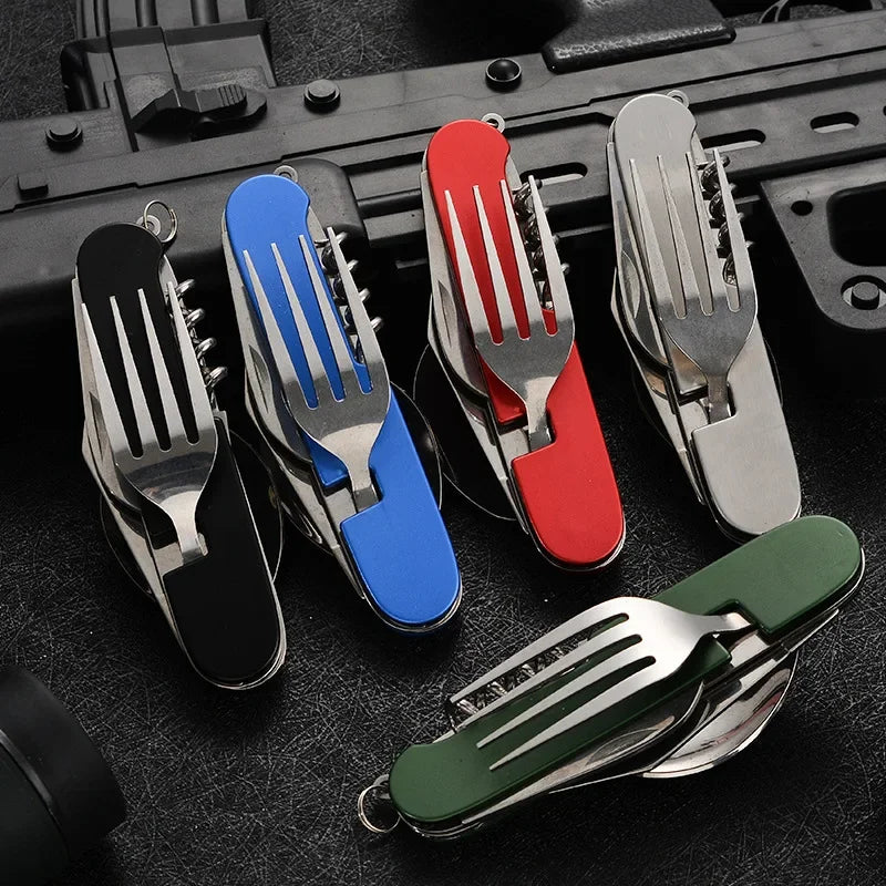 Foldable Spoon Knife Fork Bottle Tablespoon Set 4 in 1 Bottle Opener Stainless Steel Folding Pocket Kits Outdoor Camping Utensil Oasis Select