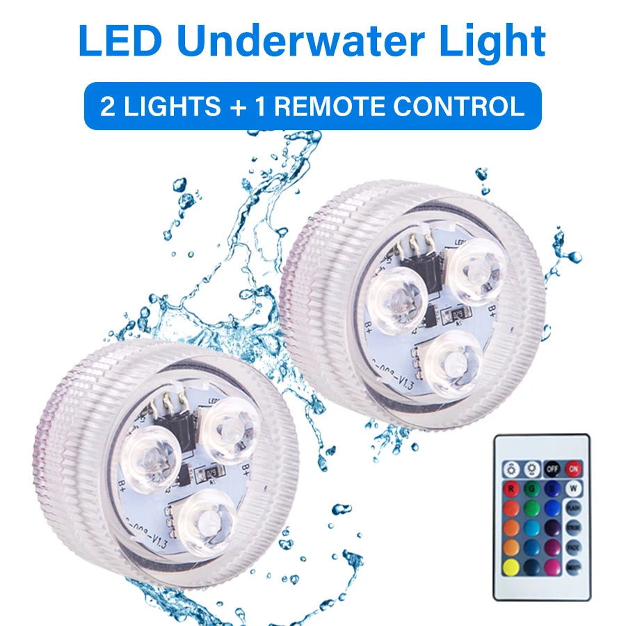 RGB LED Underwater Light With Remote Control Battery Powered 3LEDs Submersible Lamp Waterproof For Swimming Pool Garden Party Oasis Select 2Lamps 1Remote