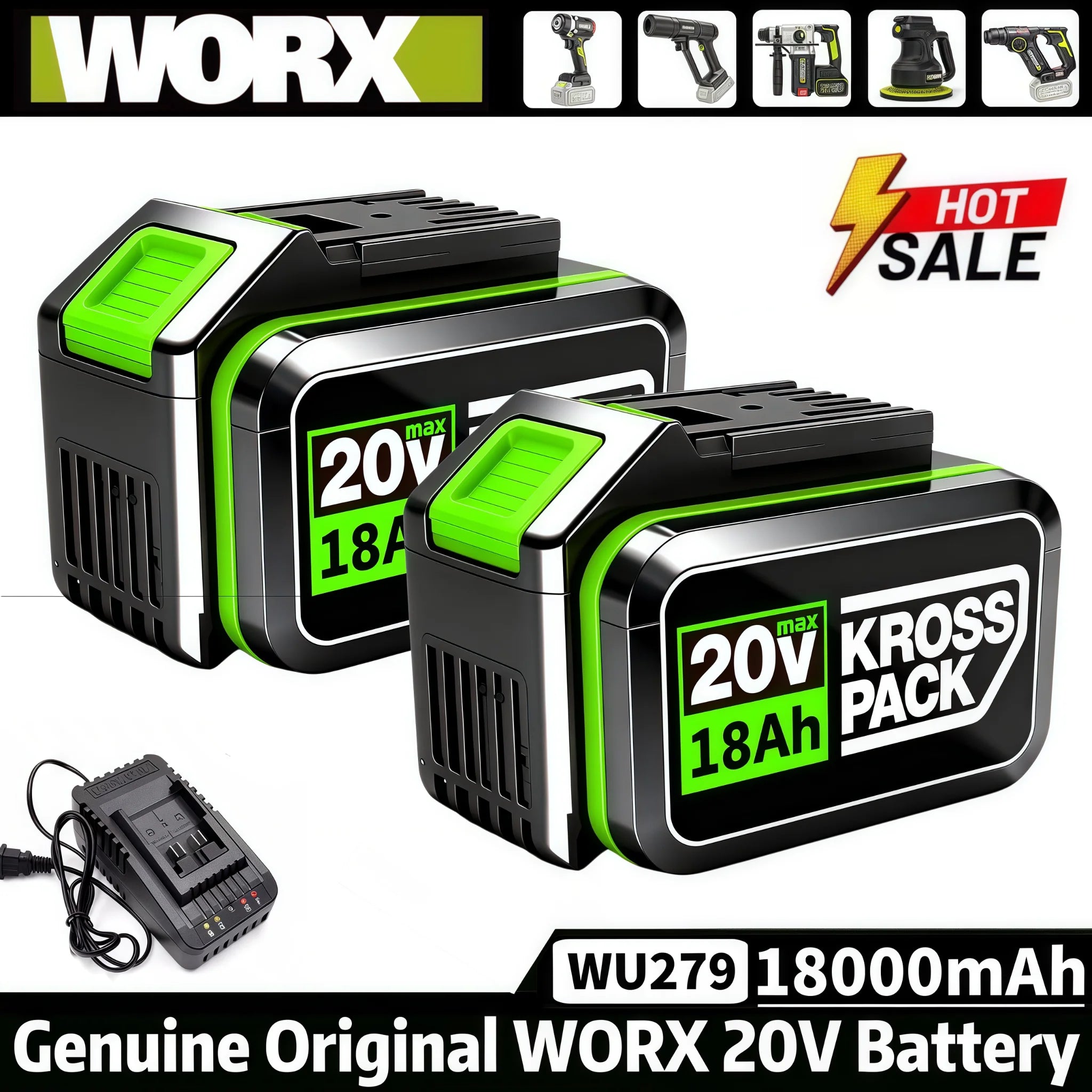 New High-capacity 20V Worx 18000mAh Replacement Lithium-ion Battery，For WA3551 WA3551.1 WA3553 WA3641Rechargeable Tool Battery Oasis Select