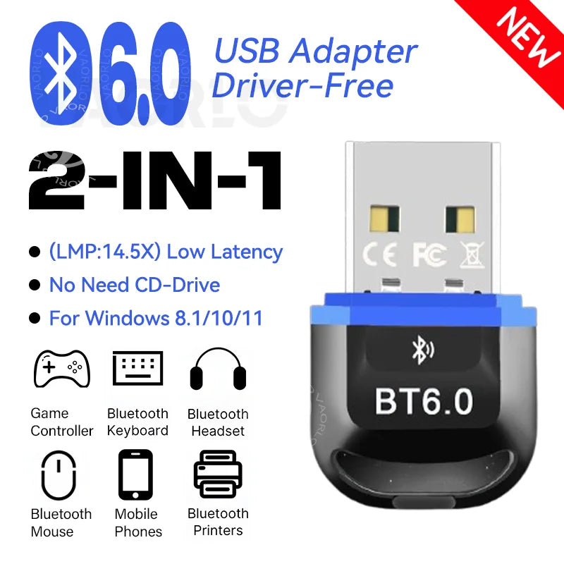 USB Bluetooth 6.0 Adapter For PC Windows 8.1/10/11 USB Bluetooth Transmitter For Wireless Keyboard/Mouse/Headphones/Printers Oasis Select