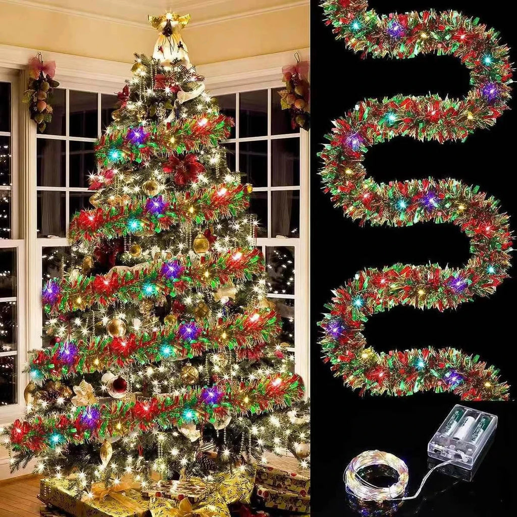 LED Christmas Tinsel Garland Artificial DIY Christmas Garland With LED Lights Xmas Metallic Twist Hanging Garland Fireplace 5m Oasis Select Multicolor