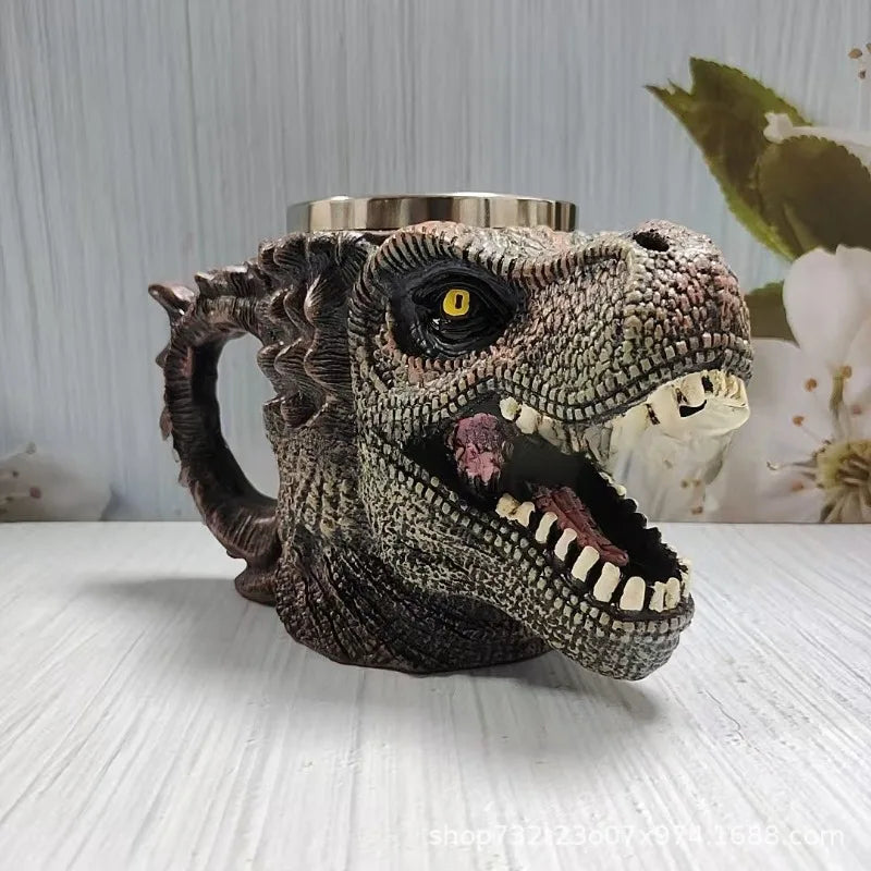 Dinosaur Mug Creative Resin Stainless Steel Retro Dinosaur Head Novel Gift Choice Exclusive Unique Drinking Utensil Oasis Select