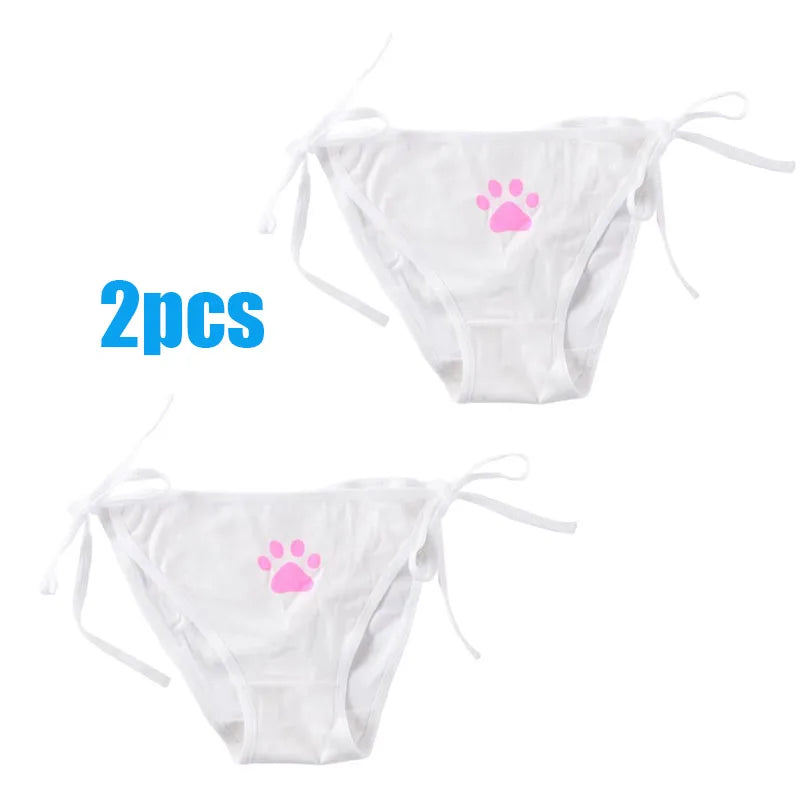 1/2/3/4pcs Women Sexy Sweet Cat Claw Briefs Low Waist Bowknot Bandage Lingerie Strings Strap Underwear Ladies Breathable Panties Oasis Select 2pcs white One Size as show