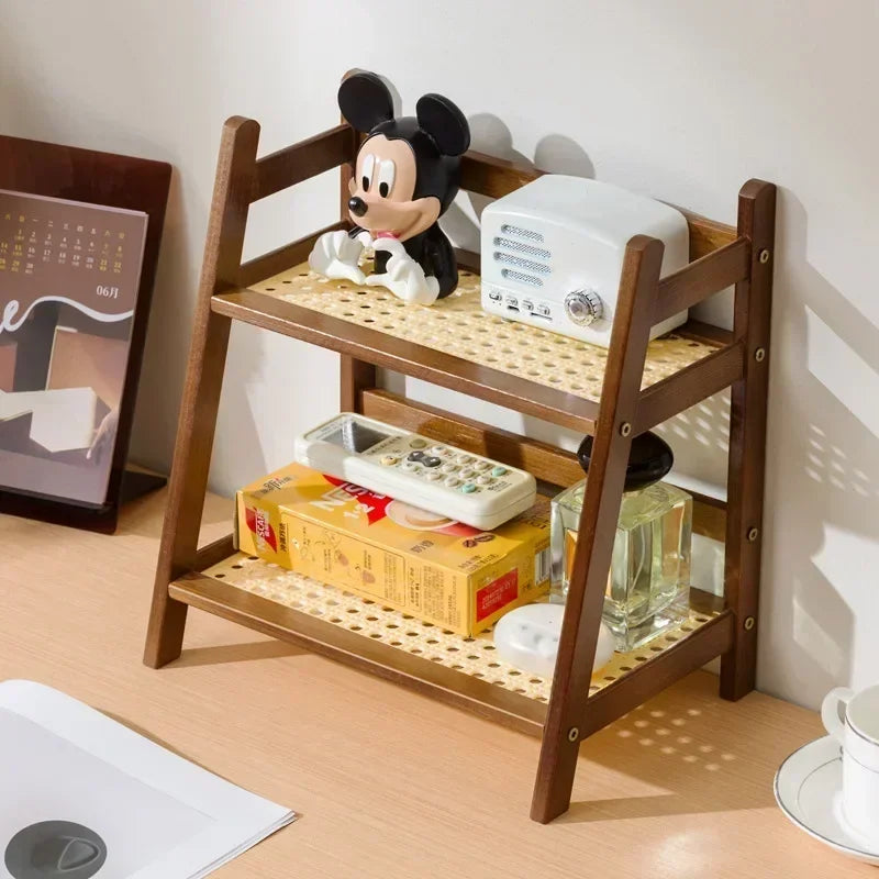 Multi-functional ins medieval rattan cream double-layer desktop rack dormitory bedroom office kitchen cup holder finishing rack Oasis Select