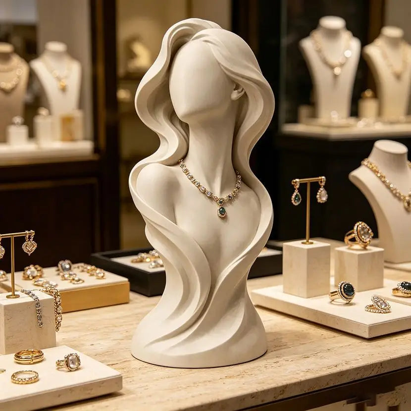 Elegant Wavy Hair Female Bust Statue Jewelry Holders Desk Ornaments Minimalist Necklace Display Mannequin Home Decorations Gifts Oasis Select