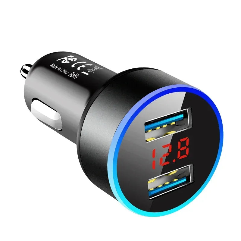1/2pcs Car Charger For Cigarette Lighter Smart Phone USB Adapter Mobile Phone Charger Dual USB Digital Display Voltmeter Oasis Select Black