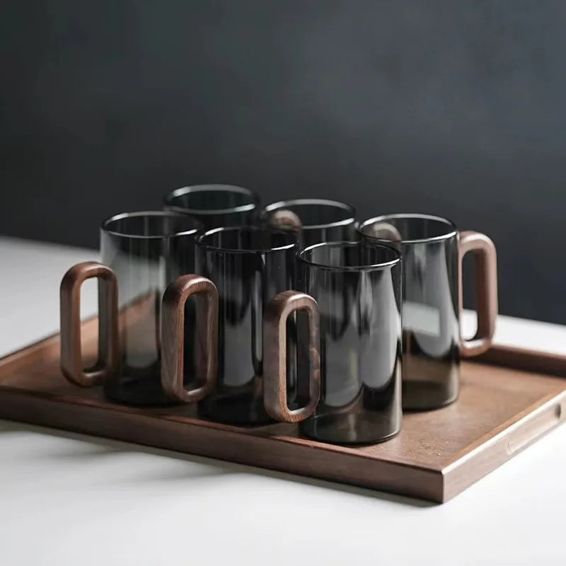 6pcs 360ml Premium High Borosilicate Heat-resistant Glass Set: Home Drinking Glasses with Wooden Handles, Stylish Tea Cups Oasis Select Smoke gray 6pcs 360ml