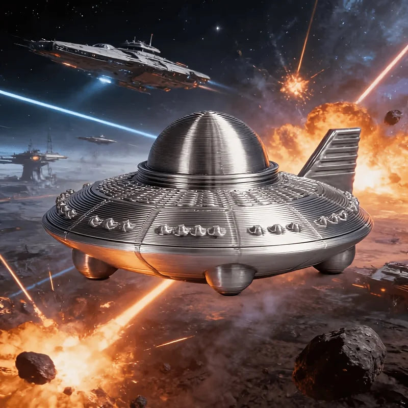 Retro Metal Style UFO Figurines 3D Printed Sci-Fi Alien Spaceship Desk Ornaments for Space Enthusiasts Home Office Bedroom Decor Oasis Select