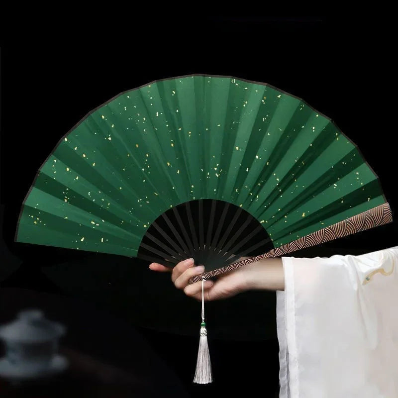 Cloud Pattern Fine Carved Rice Paper Folding Fan Black Sprinkled Gold Silk Cloth Antique Sea Wave Pattern China-Chic Fan Oasis Select Green 10-inch