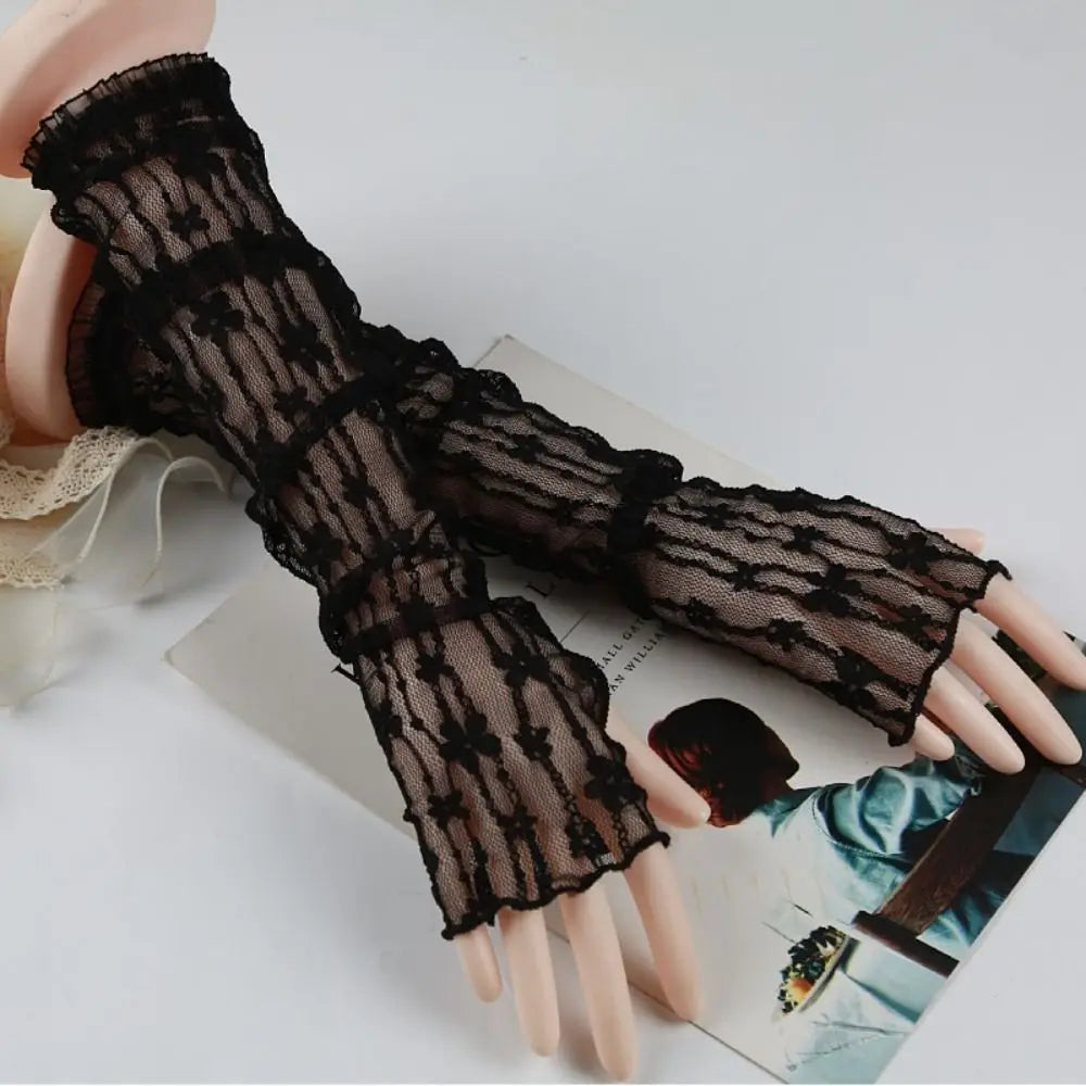 Summer Outdoor Breathable Sunscreen Sleeves Lace Mesh Ultra Thin Lace Arm Sleeves UV Protection Fingerless Long Gloves Girls Oasis Select