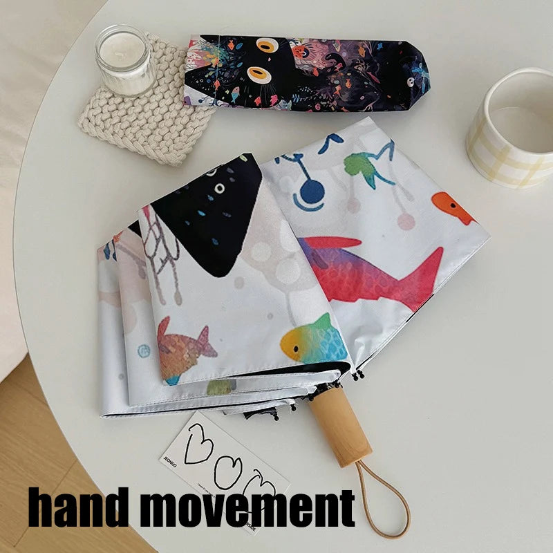 Cute Cartoon Fish and Cat Folding Umbrella Sun Protection Rain-proof UV Protection Umbrella Fully Automatic Sun Umbrella Oasis Select hand movement 8K