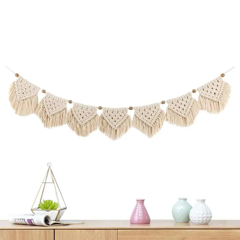 Hand-woven Boho Macrame Tapestry Wall Macrame Macrame Garland Banner with Wood Beads Home Wall Art Decoration for Apartment Oasis Select
