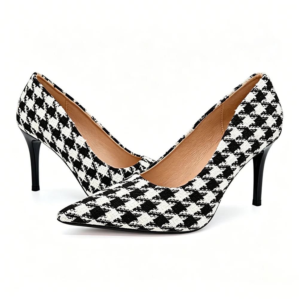 Women Houndstooth High Heels 9cm Vintage Plaid Pumps Office Work Party Shoes Comfortable Non Slip Soft Textile Daily Wear Ladies Oasis Select