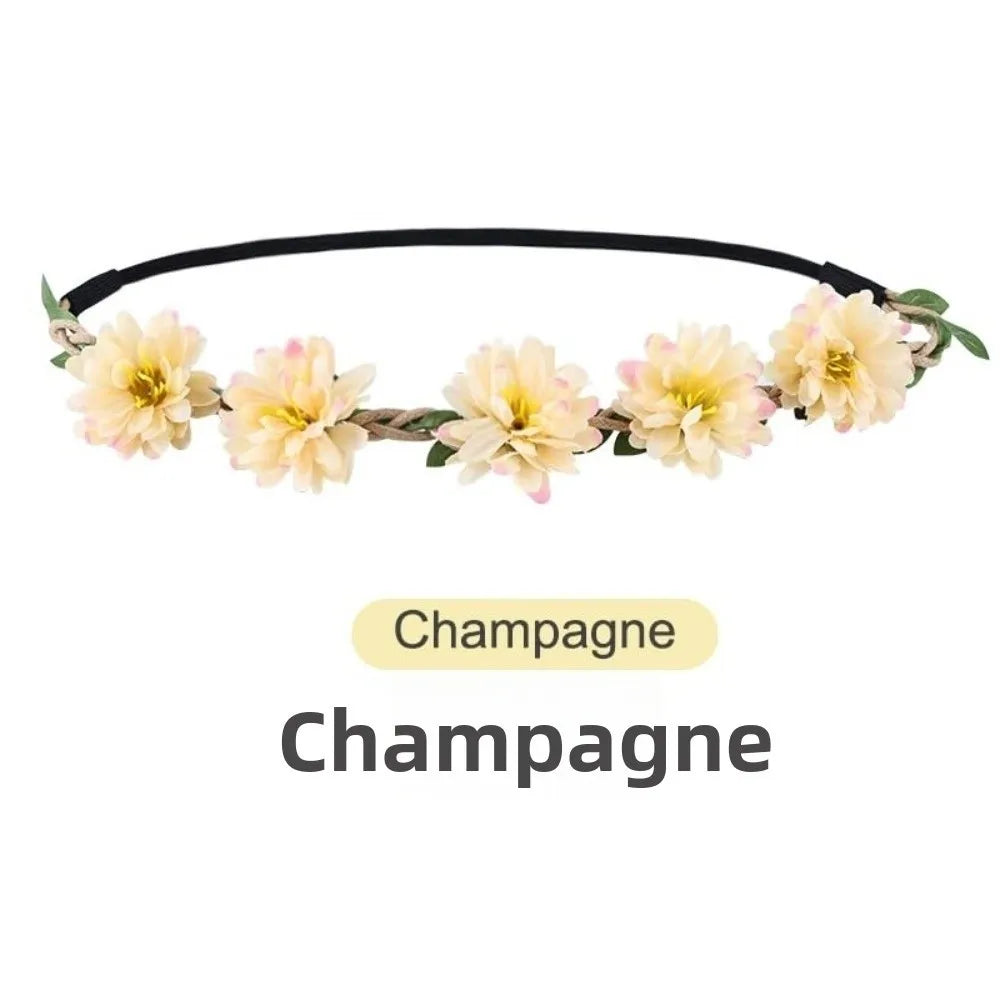 Pink Rose Floral Wreath Crown Hand Woven Adjustable Ribbon Bohemia Garland Headpiece Vintage Elegant Wedding Hair Accessories Oasis Select Champagne