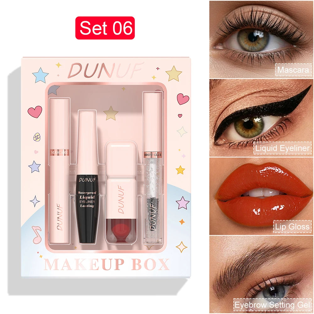 DUNUF 4-in-1 Makeup Gift Set Waterproof Long-Lasting Mascara Liquid Eyeliner Brow Setting Gel Moisturizing Lip Gloss with Mirror Oasis Select 06