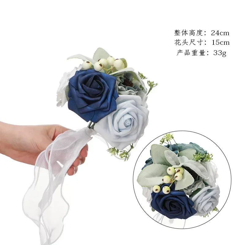Bridesmaid Gold Hoop Bouquet for Wedding Bridal Shower Ceremony Artificial Rose Flower Hoop Wreath Front Door Wall Decoration Oasis Select C-Blue