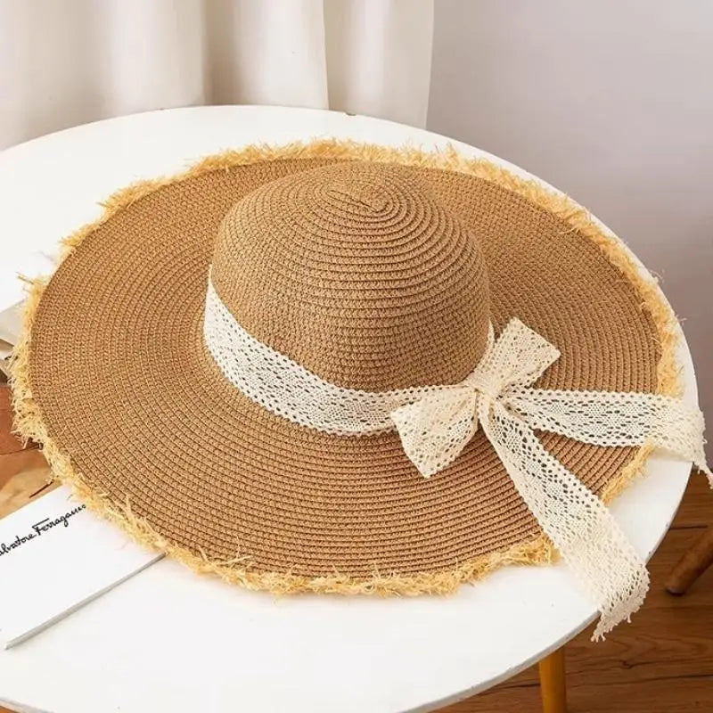 Women Bow Decor Oversize Big Brim Straw Hat Summer Outdoor Sun Block UV Protection Hat Lightweight Breathable Beach Headwear Oasis Select A2
