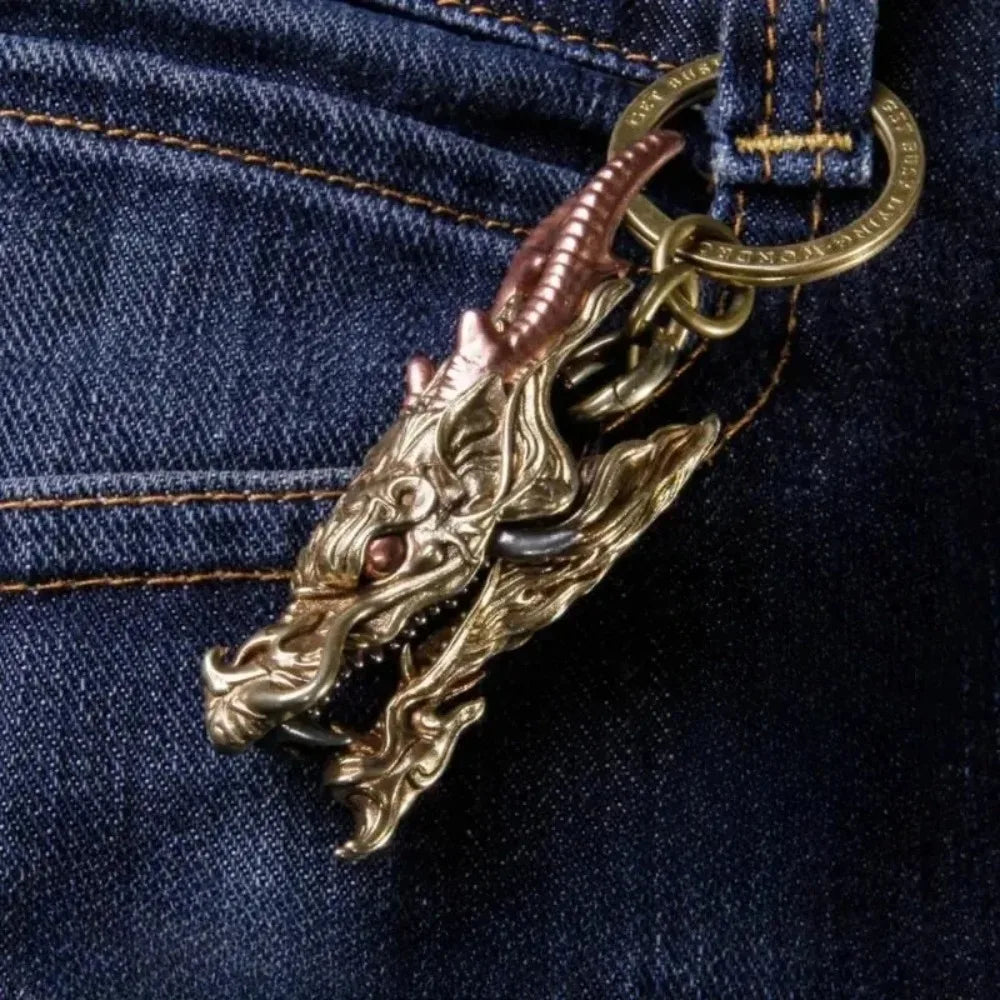Gold Brass Dragon Head Keychain with Key Ring Fine Carved Domineering Car Keychain Multifunctional Metal Ornaments Luxury Gift Oasis Select