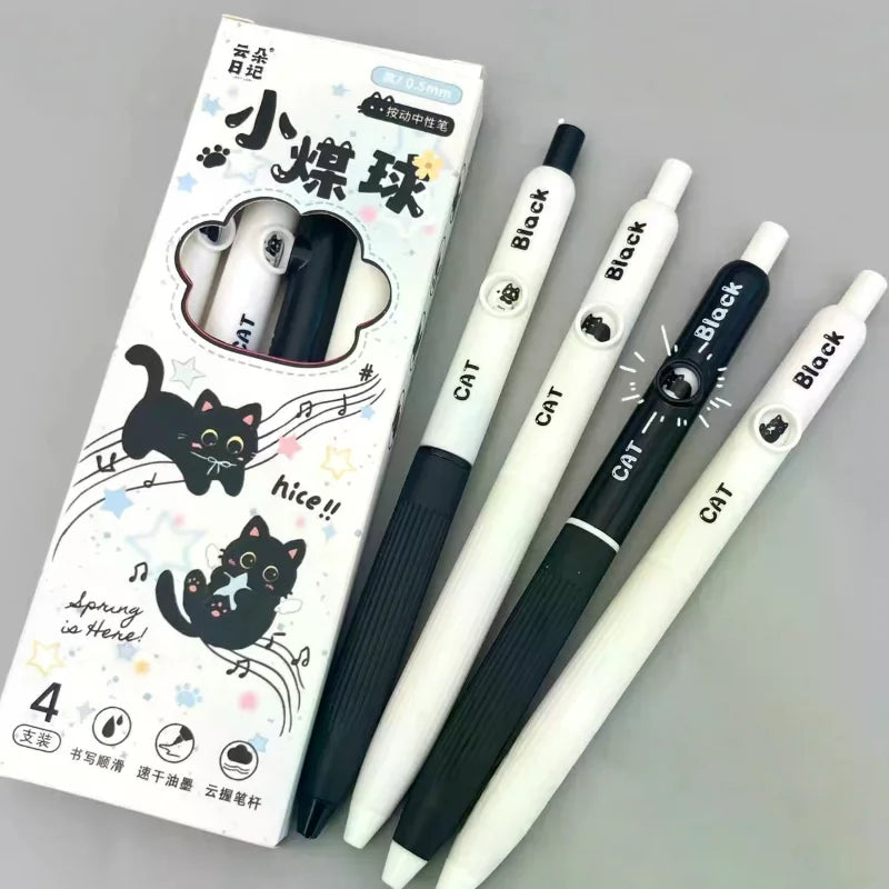 4Pcs Kawaii Cat Pattern Gel Pens 0.5mm Quick-Dry Black Ink-Smooth Writing Retractable Pens School Stationery Birthday Gift Oasis Select
