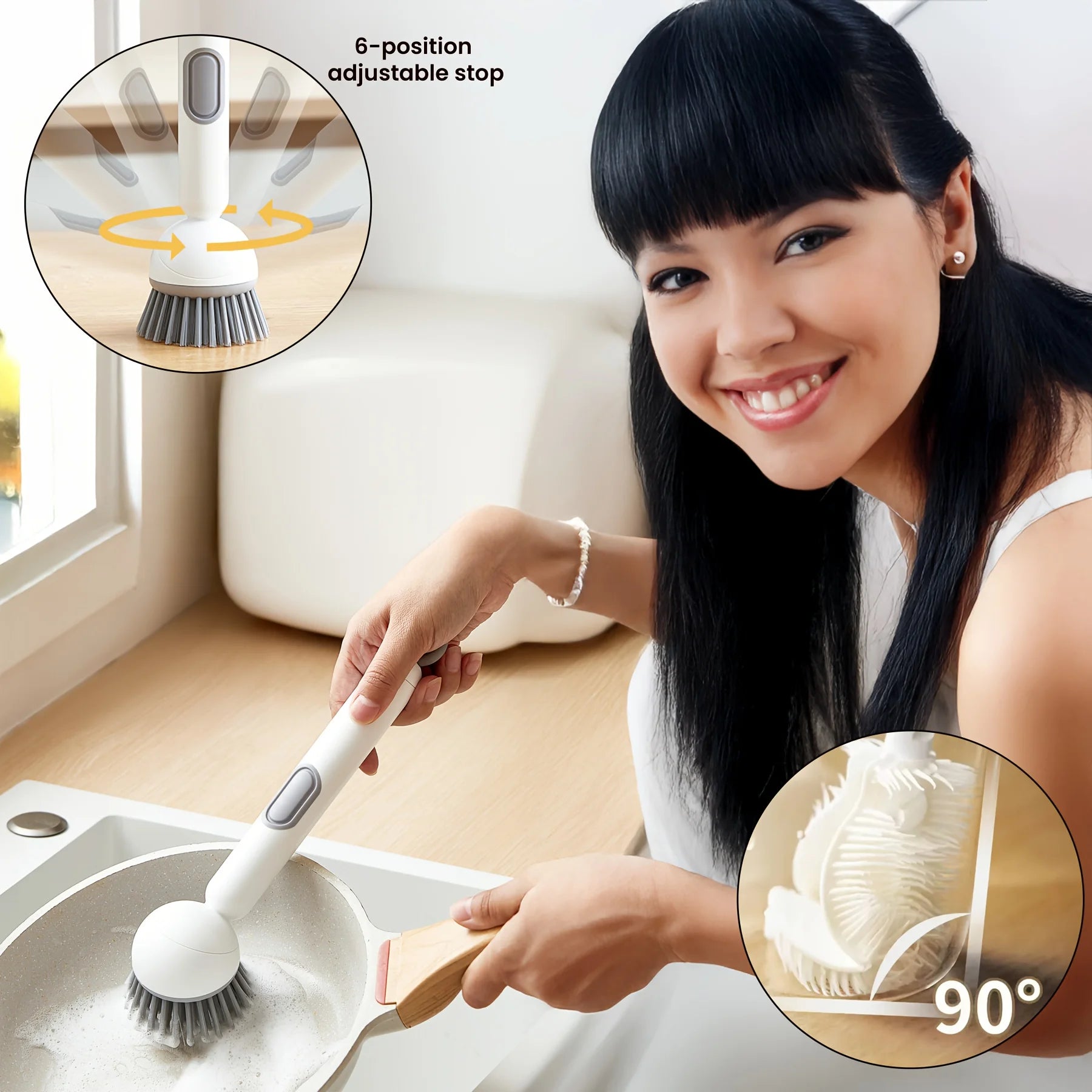 2pcs Heavy-Duty Dish Cleaning Brush Set with Detergent Dispenser - Rotating Scrubber & 2 Long Reach 90° Cup Brushe Oasis Select