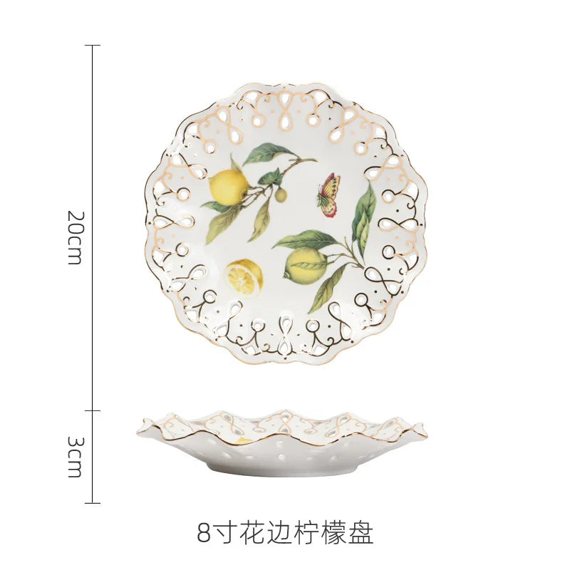 European Lemon Pattern Ceramic Dinner Steak Plate Bowl Fruit Candy Dim Sum Western Cuisine Plate Dishes Home Breakfast Plate Oasis Select 8inch-hollow-plate