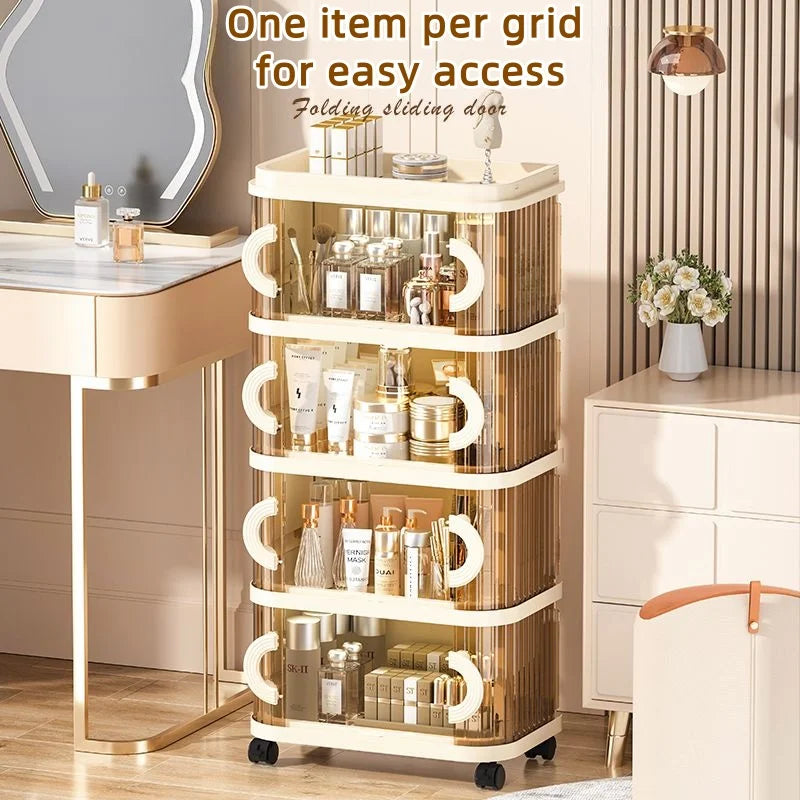 Foldable Makeup Organizer - No Assembly Rolling Cart with Sliding Doors, Large Capacity Space-Saver for Home Storage Oasis Select