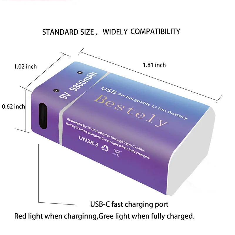 9V Rechargeable Li-ion Battery 9800mAh PP3 6F22 6LR61 006P USB Charging For Smoke Detector Alarm Microphone Toy Oasis Select