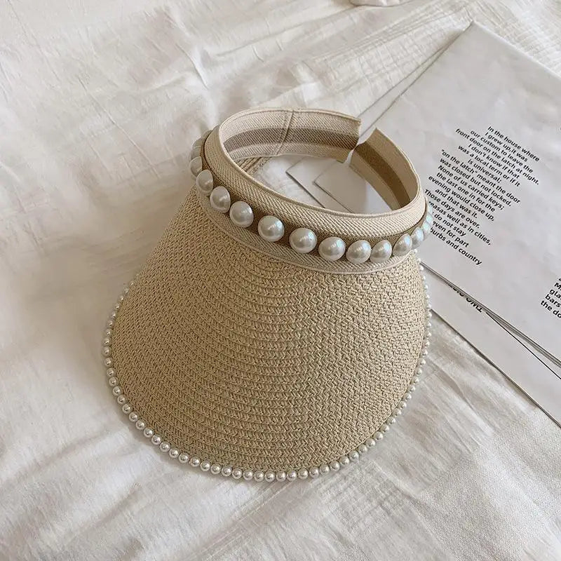 Summer Beach Straw Hat with Pearls for Women Wide Brim Open Crown Elegant Raffia Sun Protection Cap Holiday Essentials Oasis Select A2