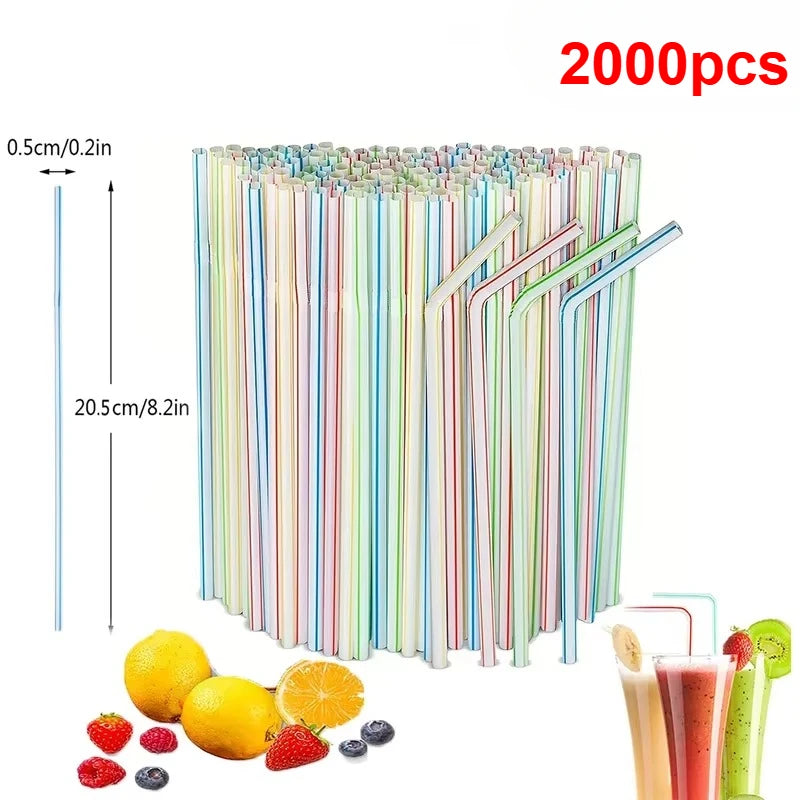 Disposable Plastic Curved Drinking Straws Reusable Child Straw for Drinks Colorful Drinking Tube Multi-time Straw Party Supplies Oasis Select 2000PCS-Stripe