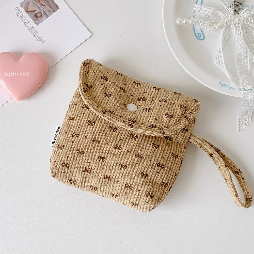 Corduroy Makeup Bag Premium Portable Storage Bag Cosmetic Organizer Bag Spacious Bow Sanitary Napkin Pouch For Gift For Women Oasis Select Coffee