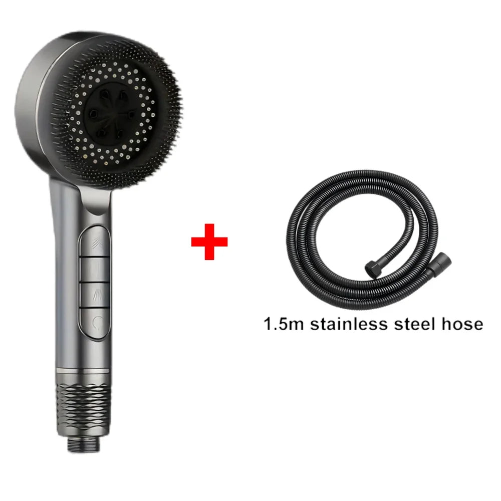 4 Modes Self-cleaning Shower Head with Silicone Brush One-Key Stop Water Massage High Pressure ABS Showerhead with Filter Oasis Select Gray Hose Set