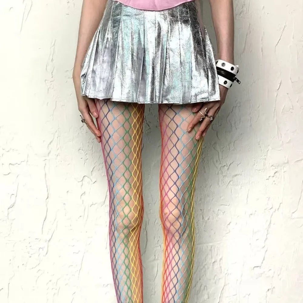 Sweet Cool Dopamine Rainbow Fishnet Stockings Y2K Gradient Mesh Hollowed Out Tights High Waist Sexy Pantyhose Women Fashion Oasis Select Medium Net One Size