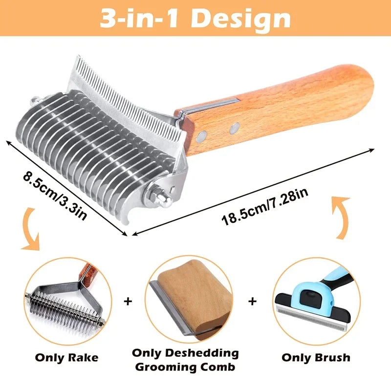 3-in-1 Deshedding Dog Rake BrushComfortable Handle Dematting Comb Removes Hair Tangle Rounded-end Blade Oasis Select