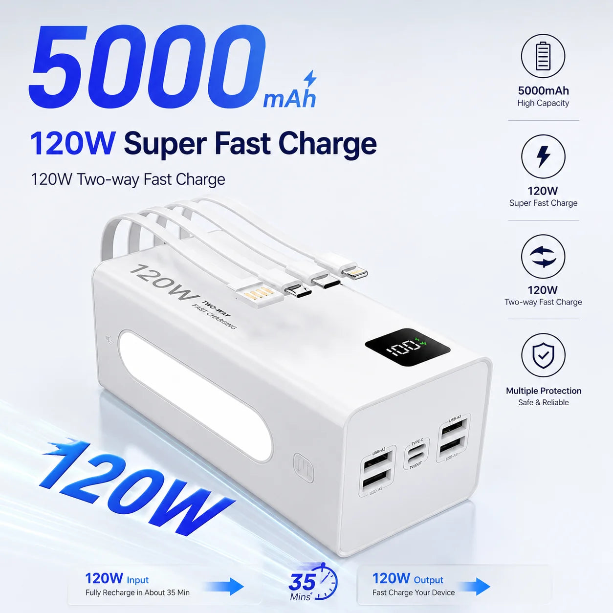 Ultra Portable 50000mAh Power Bank 120W Fast Charging External Battery, Built-in Cable Universal Powerbank for iOS Android Oasis Select