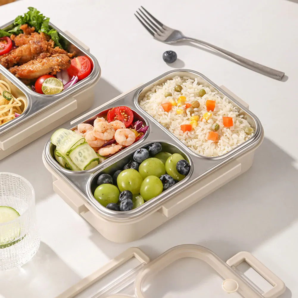 Stainless Steel Bento Lunch Box – 3 Compartments & Soup Cup