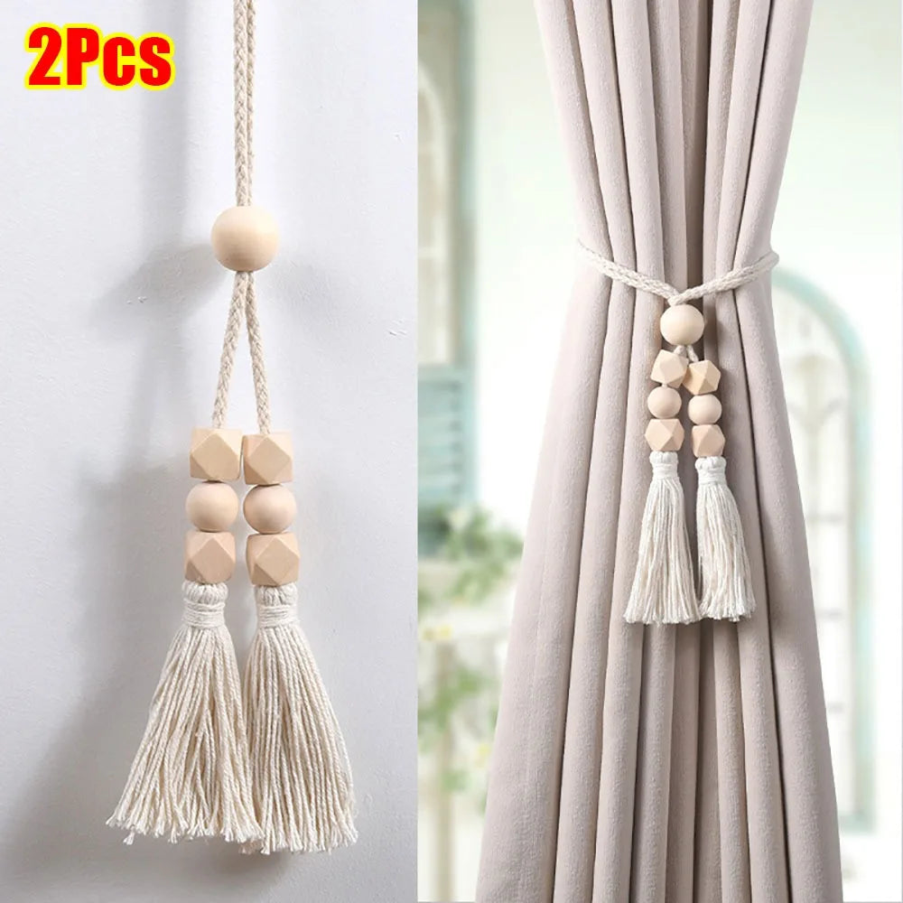2Pcs Curtain Tiebacks with Tassels Fixed Nordic Curtain Tying Rope Wooden Bead Simple Curtain Hooks Bundle Bags Storage Buckle Oasis Select Style 2