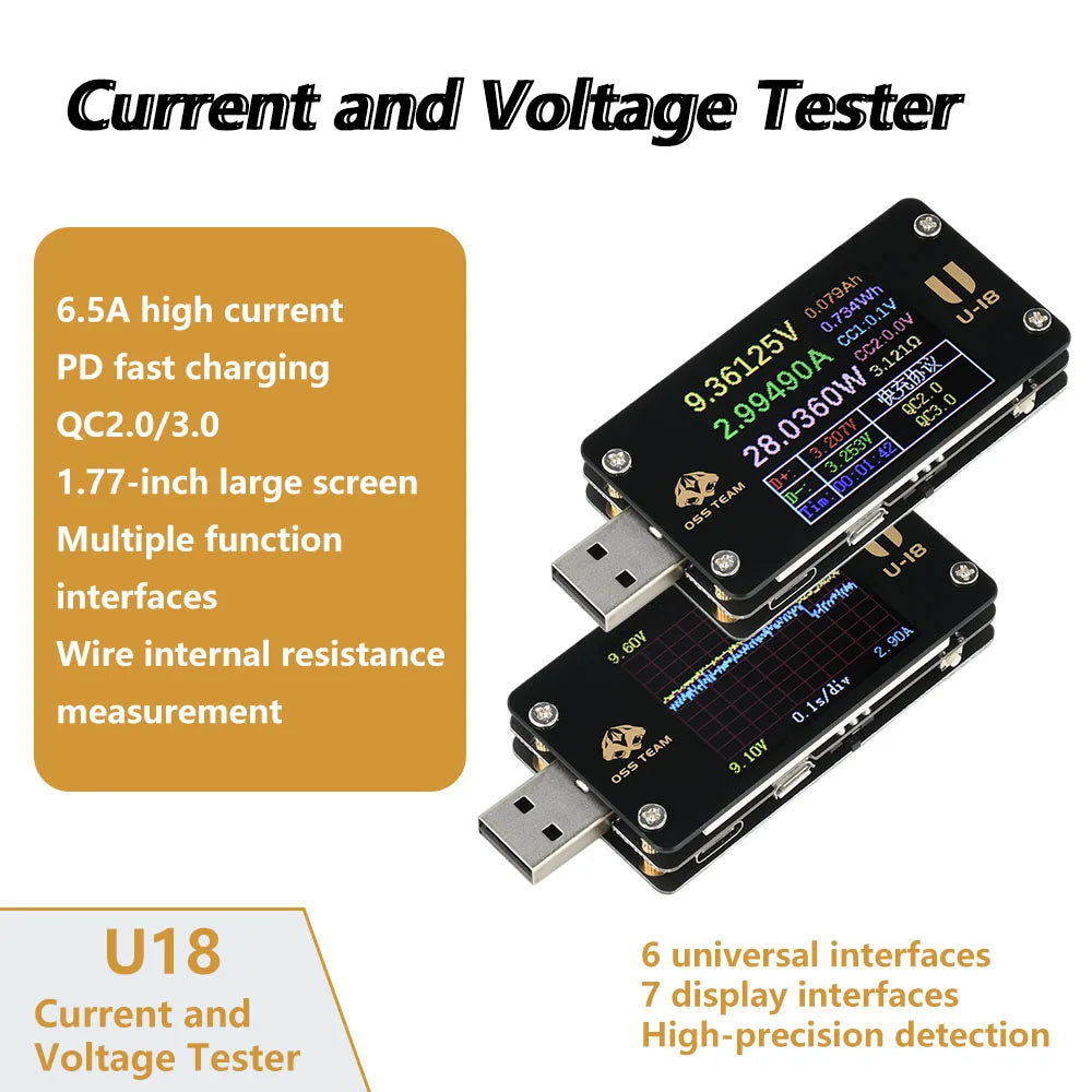 1.77 inch USB Tester Voltmeter Ammeter PD/QC2.0/QC3.0 Fast Charge Detection Voltage Current Capacity Power Tester DC 4-25V 6.5A Oasis Select