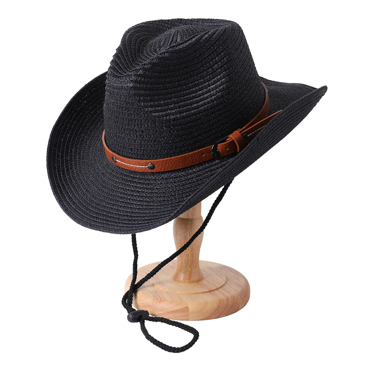 Foldable Unisex Wide Brim Straw Cowboy Hat, Sun Protection Western Cowgirl/Cowboy Hat, Summer Beach Sun Hat With Wind Lanyard Oasis Select black
