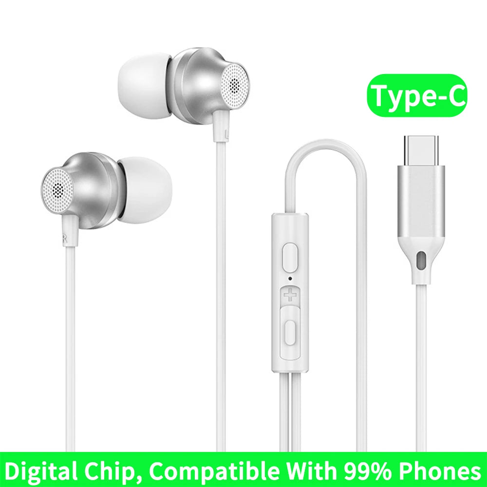 Digital Chip Wired Earphone 3.5mm AUX/Type C 9D HiFi Surround Heavy Bass In-Ear Headsets For Samsung Huawei Xiaomi OPPO iPad PC Oasis Select Type-C White