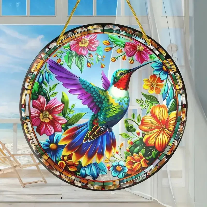 Acrylic Painted Hummingbird Pendant Bird Floral Pattern Suncatcher