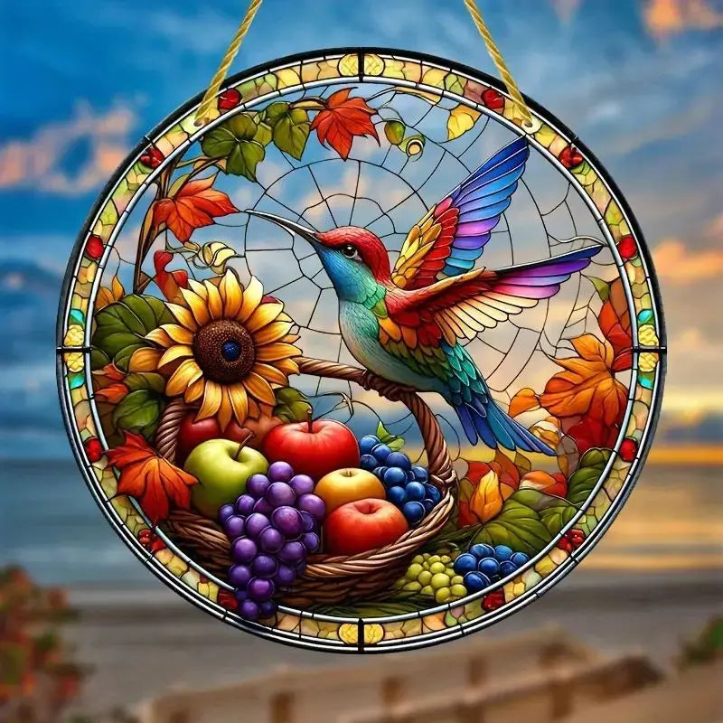 NEW Acrylic Painted Hummingbird Pendant Bird Floral Pattern Suncatcher Round Wreath Porch Window Outdoor Patio Hanging Ornaments Oasis Select